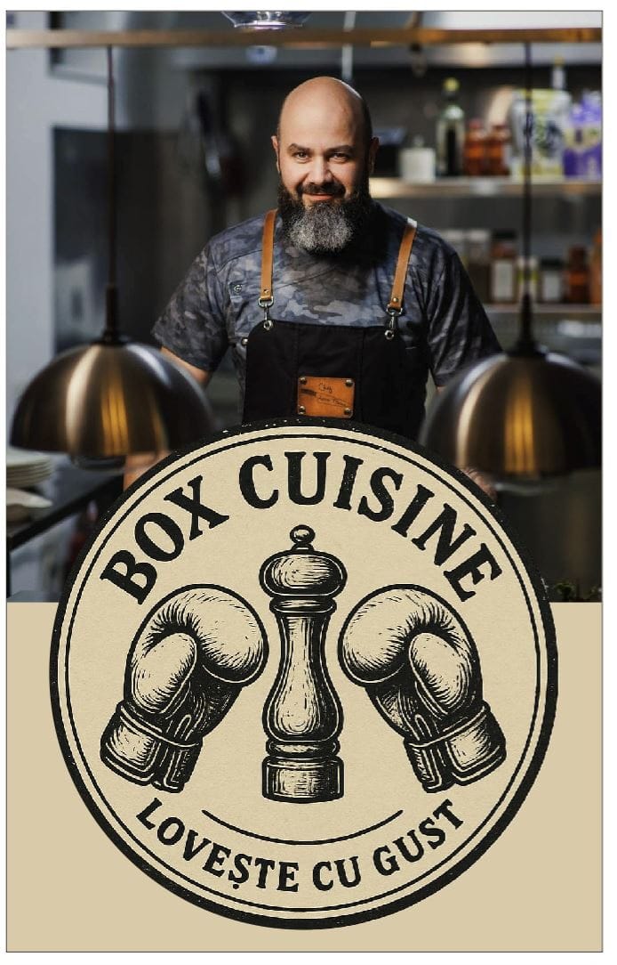 Chef Florin Lazar în bucătăria Box Cuisine, alături de emblema restaurantului